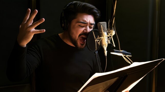 Conductor with dark hair and beard directing orchestra in recording studio with sheet music and microphone