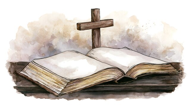 Artistic watercolor of an open holy bible and rustic wooden cross on a dark surface with soft glow
