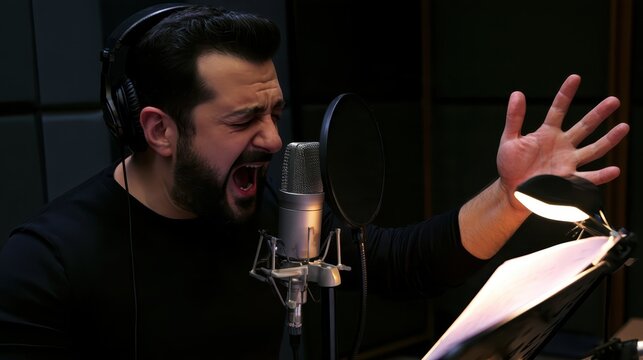 Professional male vocalist with dark beard performing live recording session in sound studio with microphone