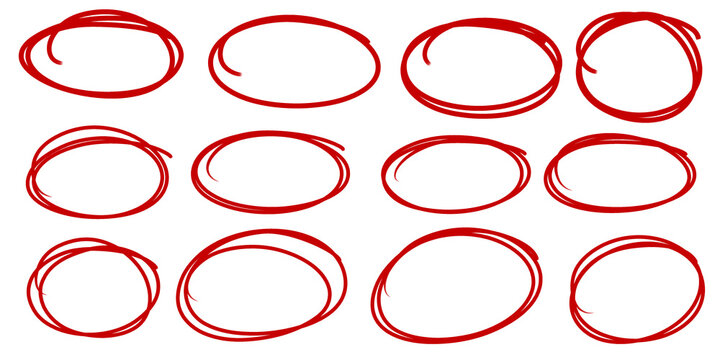 Circle frame set. Red highlighter circle on white background. Brush highlight text circles deign.
