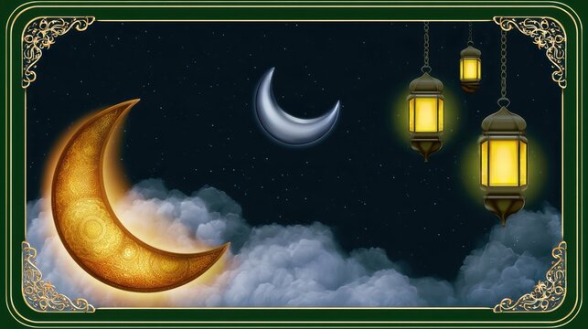 Golden crescent moon and glowing lanterns in a night sky with clouds