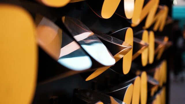 Visual marketing technology and advertising, live automatic banner with programmed reflective mirrors, close-up of advertisement banner surface made of triangles with mirror surface spinning in order.
