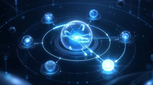 Abstract 2.5D AI agent activity monitoring scene with glowing nodes, scanning ring, and layered depth for enterprise technology, observability, and automation content.