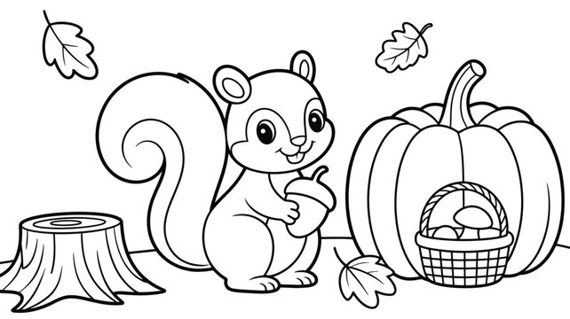 Cute squirrel holding acorn near pumpkin harvest basket tree stump and autumn leaves coloring page outline vector illustration for kids