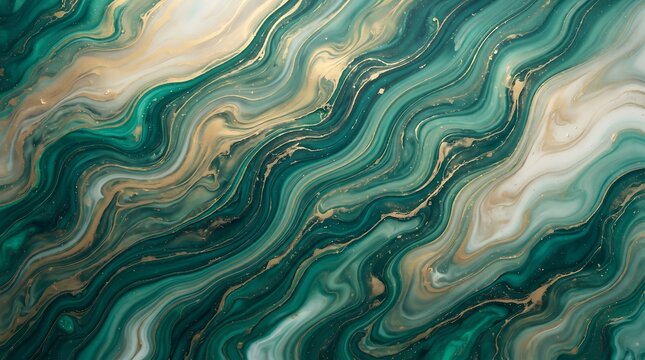 Marbled fluid gradient in emerald green and gold tones, with a diagonal flow pattern, abstract holographic background wallpaper
