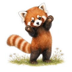 Fototapeta premium Playful Red Panda Cub Standing Up With Paws Raised Watercolor