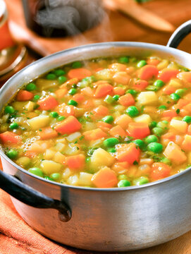 Homemade Vegetable Soup Simmering in a Saucepan