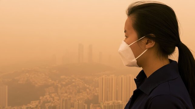 East Asian woman wearing protective face mask gazes at hazy urban skyline during smoggy day