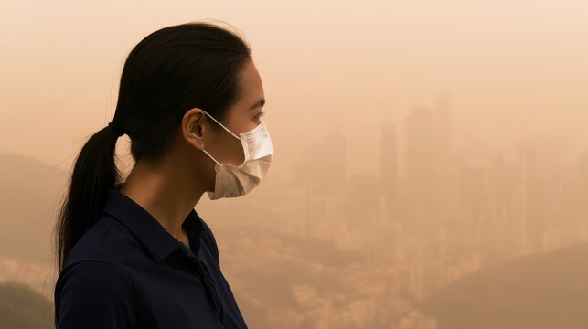 East Asian woman wearing protective face mask gazes at hazy city skyline during air pollution event