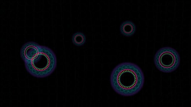 Glowing neon mandala circles rotating on black background with abstract thin wavy vertical lines