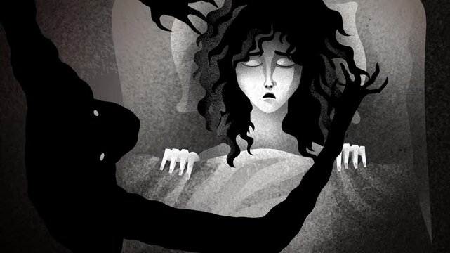 sleeping woman tormented by a dark entity during sleep paralysis