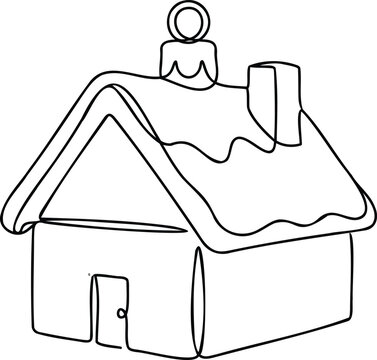 Continuous single line of a small house ornament with a chimney and snow on the roof isolated on a white background, for winter