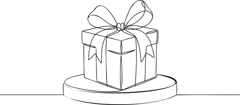 Continuous single line of a square gift box tied with a large decorative bow, placed on a round pedestal, isolated on a white background