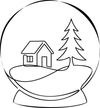 Continuous single line of a winter snow globe containing a small house and a pine tree, isolated on a white background, holiday decor