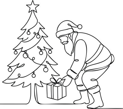 Continuous single line of santa claus placing a wrapped gift box under a decorated christmas tree on a white background, holiday
