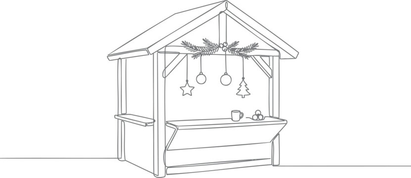 Continuous single line of a wooden christmas market stall decorated with ornaments, isolated on a white background, winter festive scene
