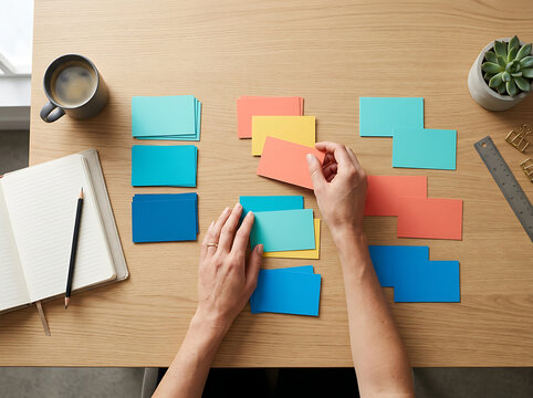 Person Sorting Colorful Project Task Cards and Notes on a Wooden Desk for Creative Brainstorming and Productivity Planning Sessions