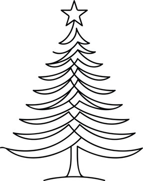 Simple continuous line of a classic pine christmas tree topped with a star on a white background, for festive decor