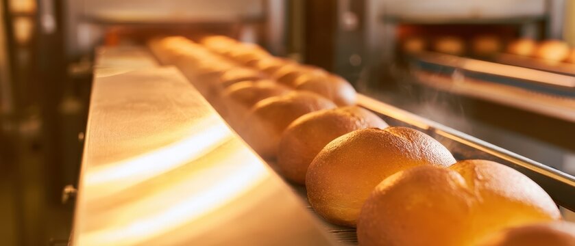 Industrial conveyor belt transporting freshly baked pastries in food production facility with golden lighting