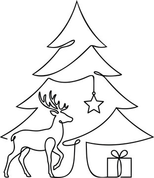 Single continuous line of a christmas tree with a reindeer, a star ornament, and a gift box on a plain white background