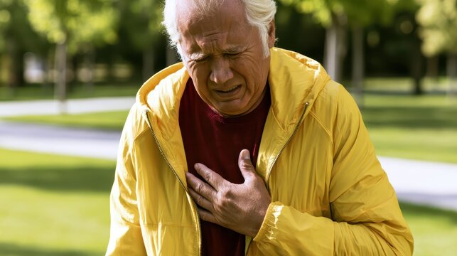 Elderly caucasian man clutching chest in distress during outdoor park walk with yellow jacket