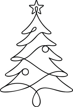 Single continuous line of a stylized christmas tree topped with a star and decorated with circles on a plain white background