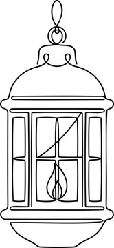 Single continuous line of a vintage style hanging lantern with a lit candle inside, isolated on a white background, holiday decor