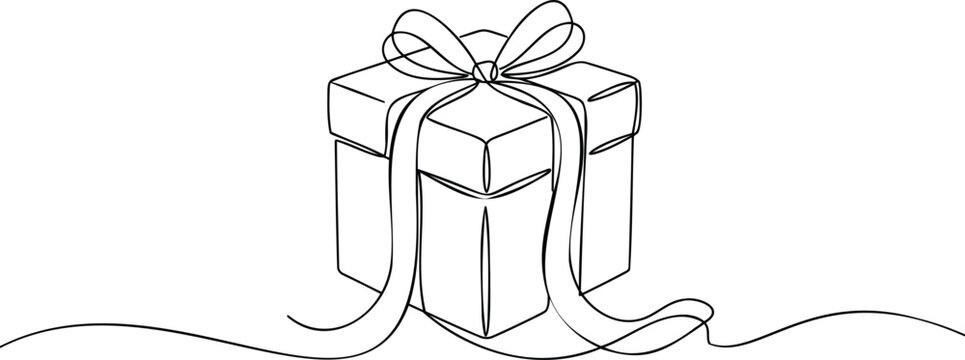 Single continuous line of a wrapped christmas gift box with a large decorative ribbon bow on a plain white background