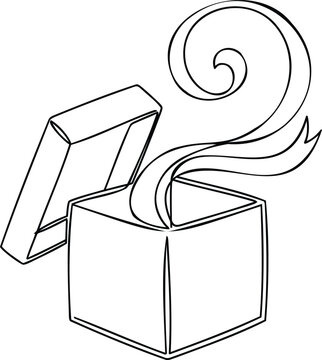 Single continuous line of an open gift box with a swirling ribbon coming out, isolated on a white background