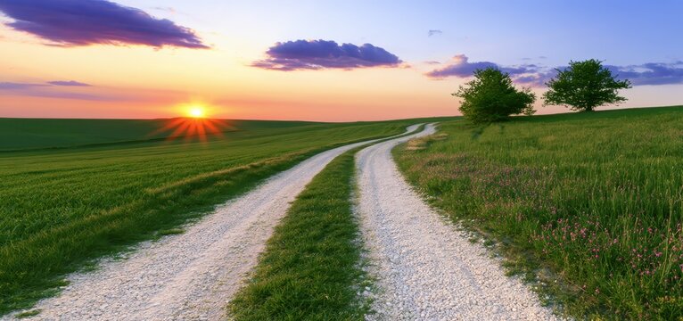 Sunset-lit gravel path stretching through lush green field with open sky and copy space