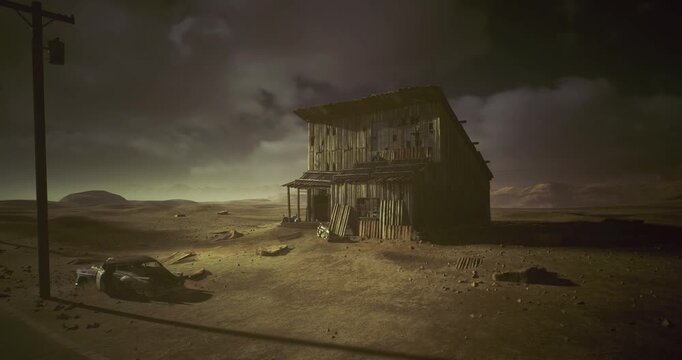 Desert outpost at twilight with wounded traveler collapsed near entrance, broken planks, scattered cans, oppressive clouds, empty landscape, tense mood