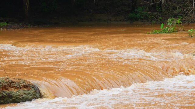 Heavy runoff transforms a tropical forest waterfall into a violent muddy torrent, symbolizing global warming, extreme precipitation, flash flooding, land erosion, and threats to rainforest ecosystems.
