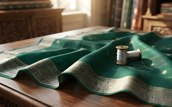 Hyper-realistic ultra-high-definition studio photograph of a luxurious deep emerald-green Maheshwari Silk fabric with intricate gold and silver zari border patterns and traditional motifs, artfully dr
