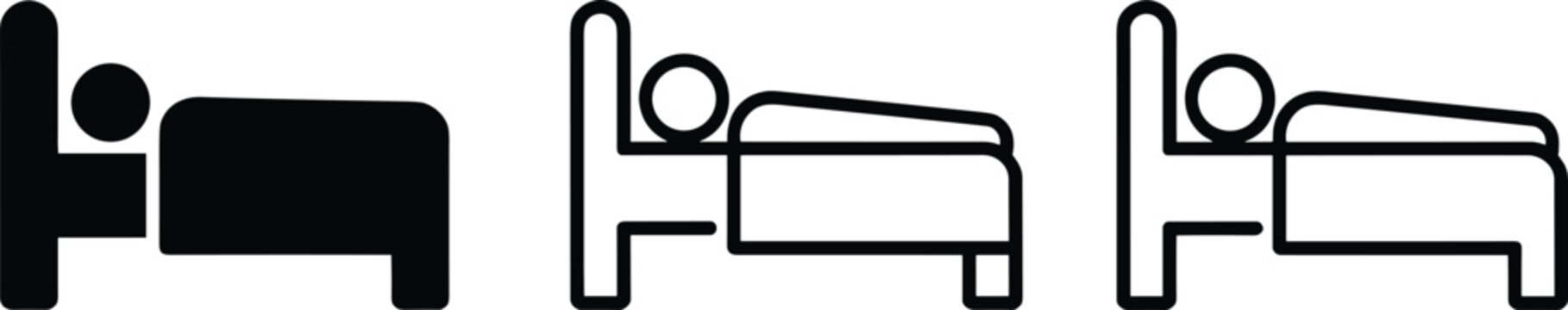 Hotel bed icon set sleeping person silhouette line art outline vector elements for motel accommodation sign travel UI