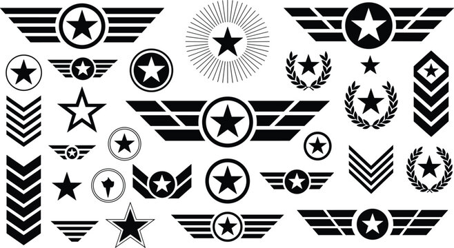 Military rank insignia vector set including wings star badges chevron patch graphic design elements for army air force logo.