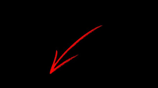 Animated Red Hand Drawn Straight Arrow Pointing Down Left Motion Graphics Overlay with Alpha Channel