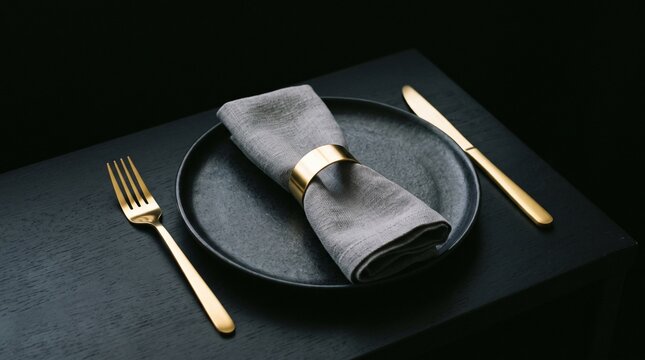 Elegant table setting with a black ceramic plate, grey linen napkin, gold napkin ring, and gold cutlery on a dark wooden table background