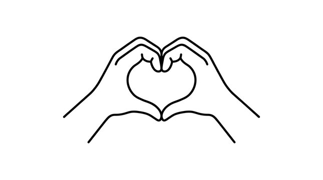 Outline illustration of two hands forming a heart shape on a plain white background with illustration against clean line art illustration