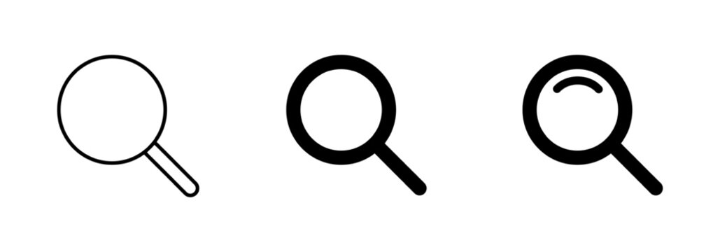 Search focus icon set, magnifying glass instrument symbols, magnifier or loupe sign, exploration tool, investigation