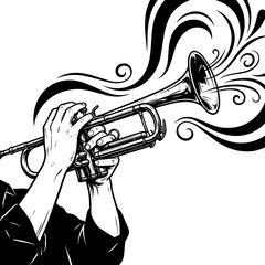 Hands playing brass trumpet with stylized musical flowing waves © md munna