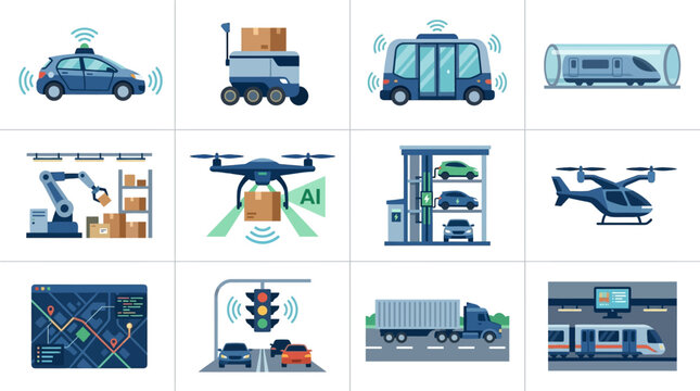 A collection of modern future transport and logistics icons illustrating autonomous vehicles and smart city technology.