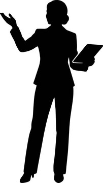 Black silhouette of a businesswoman holding a tablet and gesturing to explain something