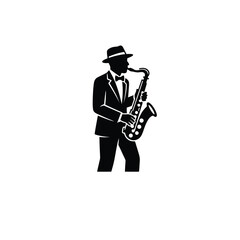 Fototapeta premium Silhouette of a Man Playing the Saxophone in a Suit and Hat.