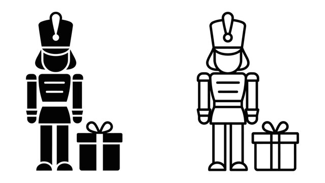 Nutcracker and Gift Icon: Two stylized icons of a nutcracker soldier standing beside a wrapped gift box, presented in both solid black and outline versions.