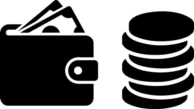 Black icon of a leather wallet with paper money and a tall stack of gold coins