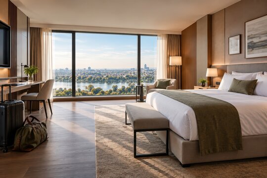 Bright modern hotel room with a neatly made bed, luggage and travel bag, large window overlooking a city and river, warm natural light and premium contemporary interior.