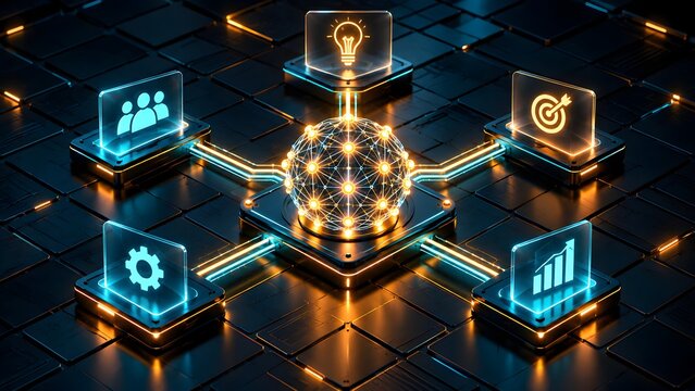Glowing digital brain orchestrating business analytics network with glowing charts and global map icons on computer motherboard