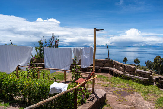 Laundry drying under the sun on Taquile Island, Lake Titicaca, Peru