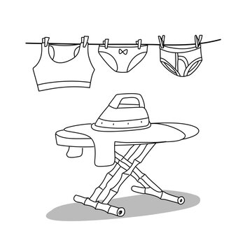 ironing desk board with underware clothes hanging on a line art drawing  coloring page