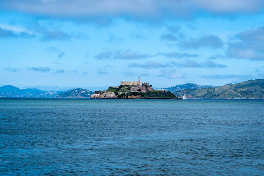 Alcatraz Island surrounded by blue waters in San Francisco Bay, USA